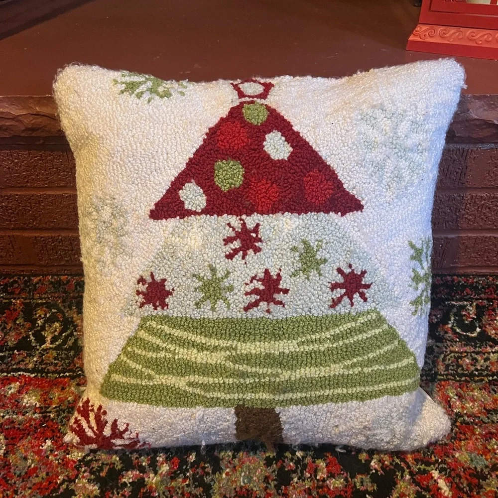 Hooked Christmas Tree Pillow. 16 X 16.